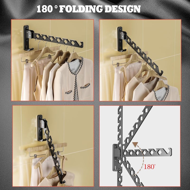Dr.DJ Wall Mount Coat Hanger Holder Black Clothes Drying Organizer Rack Garment Hooks Aluminium Retractable Folding Indoor Wall Mounted Hanger Space Saver for Laundry Room Bedroom Black 2Pack - Image 2